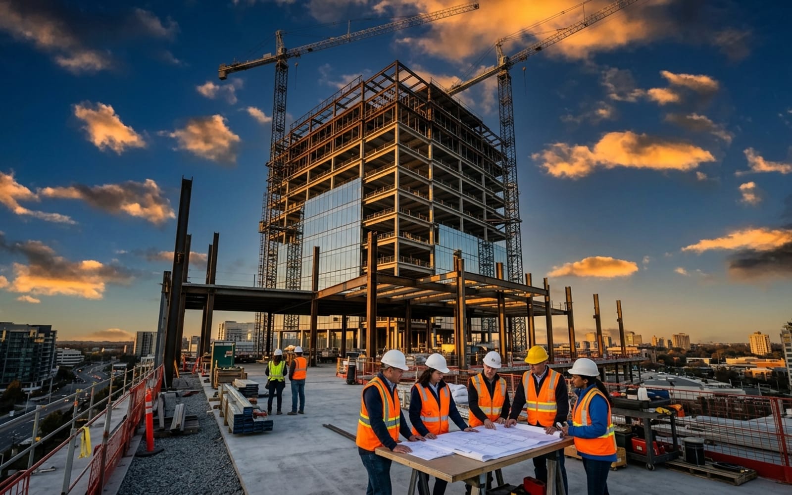 Modern commercial construction project at golden hour with cranes and steel framing against a navy sky