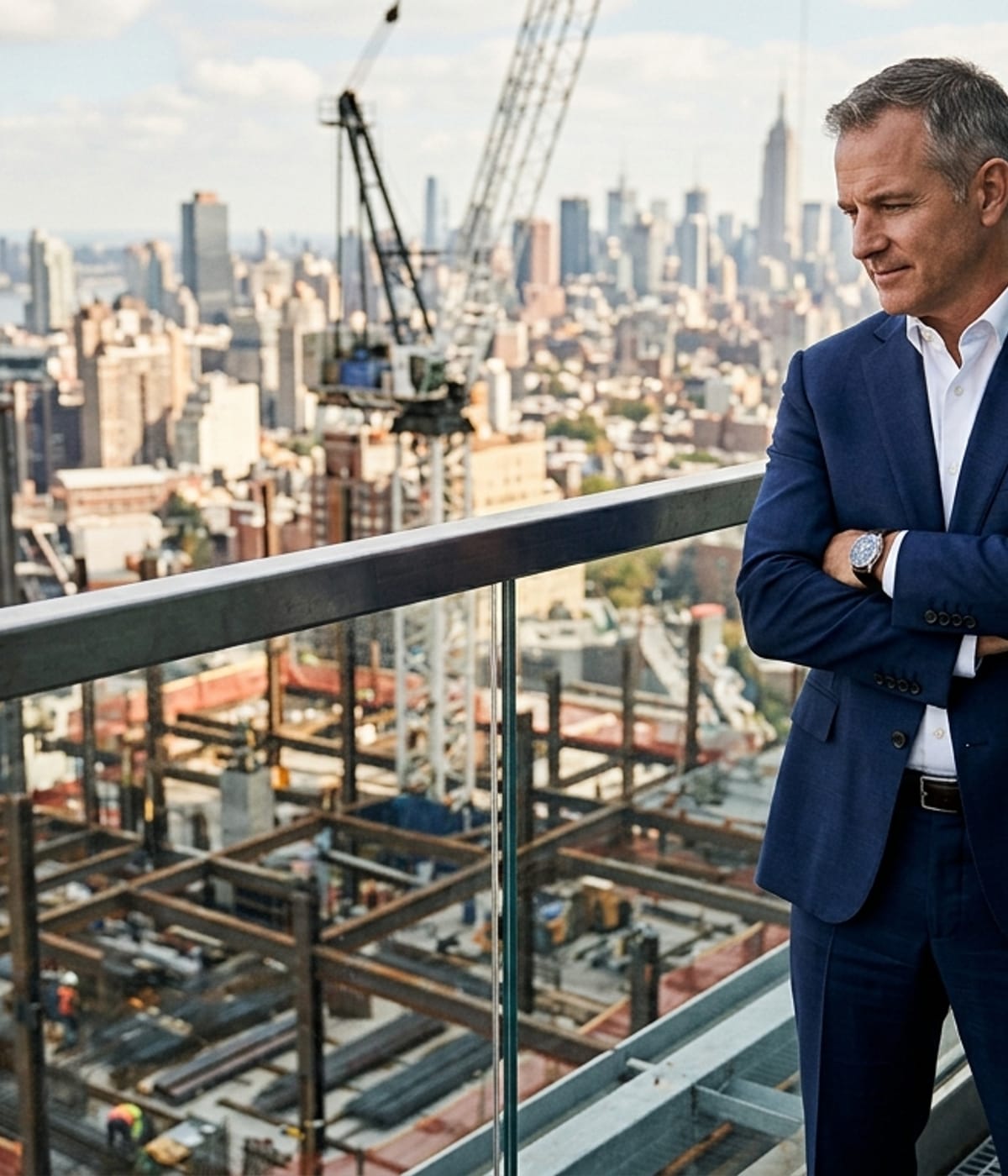 Construction executive in a navy suit on a high-rise observation deck reviewing the project below