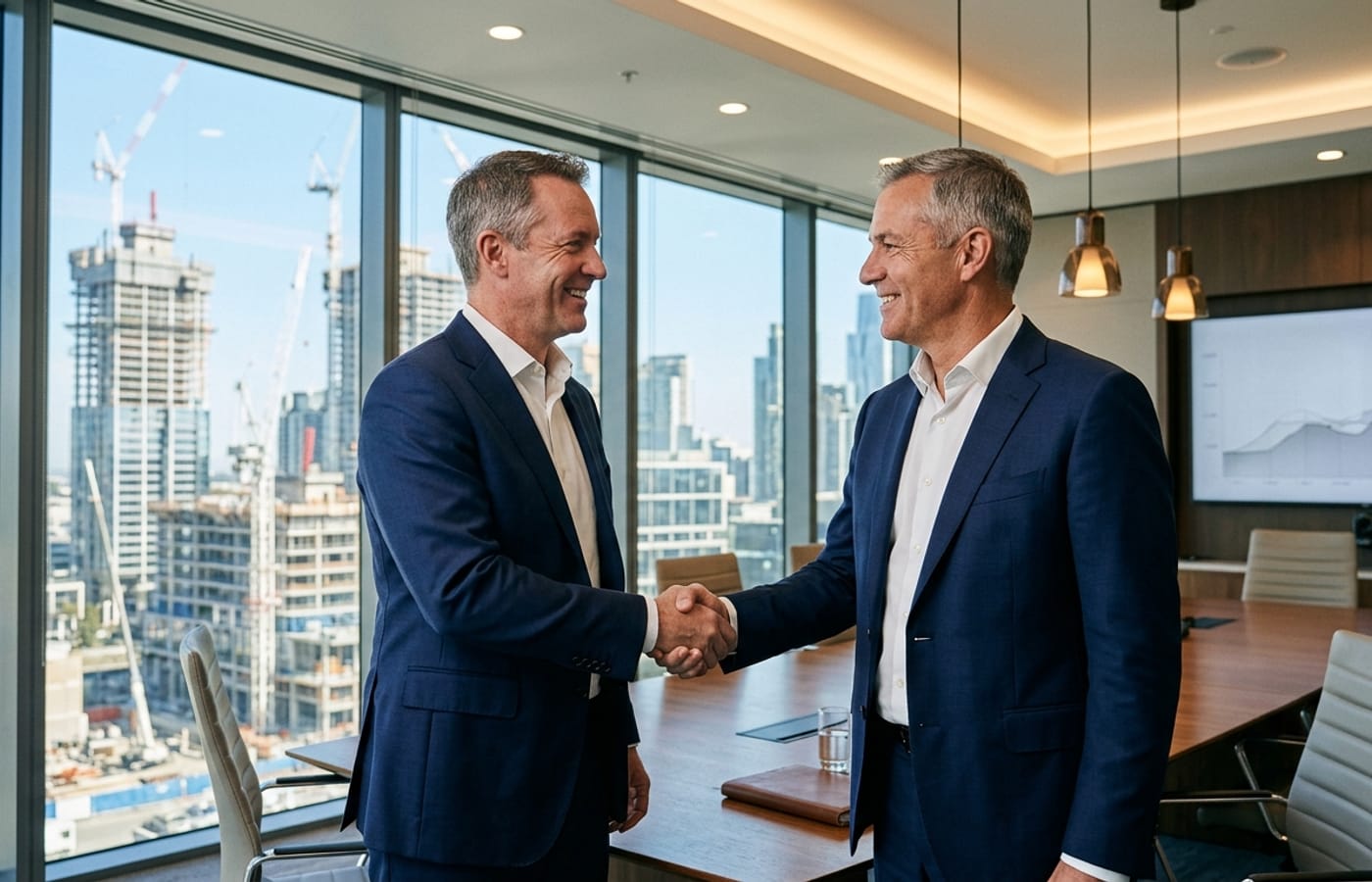 Two construction executives shaking hands in a glass-walled boardroom overlooking a downtown construction skyline