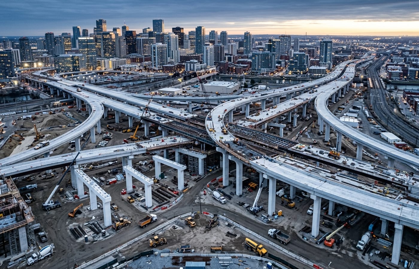 Aerial view of a multi-level highway interchange under construction surrounded by an urban skyline at dawn